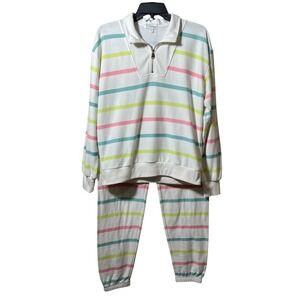 P.J. Salvage Striped Quarter Zip Lounge‎ Set White Pastel Cozy Women's Small